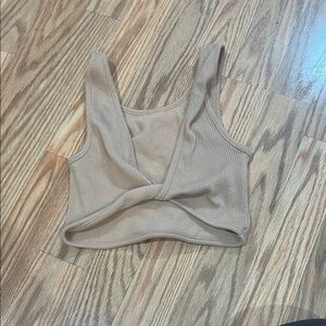 Beige Ribbed Twist Front Crop Top